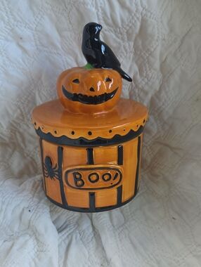 Halloween Ceramic Pumpkin Canister with Black Crow Lid - Orange